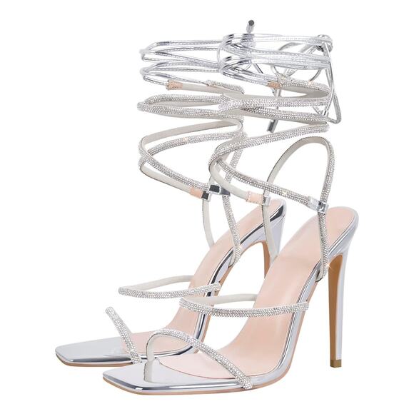 Richealnana Women's Rhinestone Strappy Sandals: Square Toe, Lace Up SZ 9.5 sHOES - Picture 7 of 7